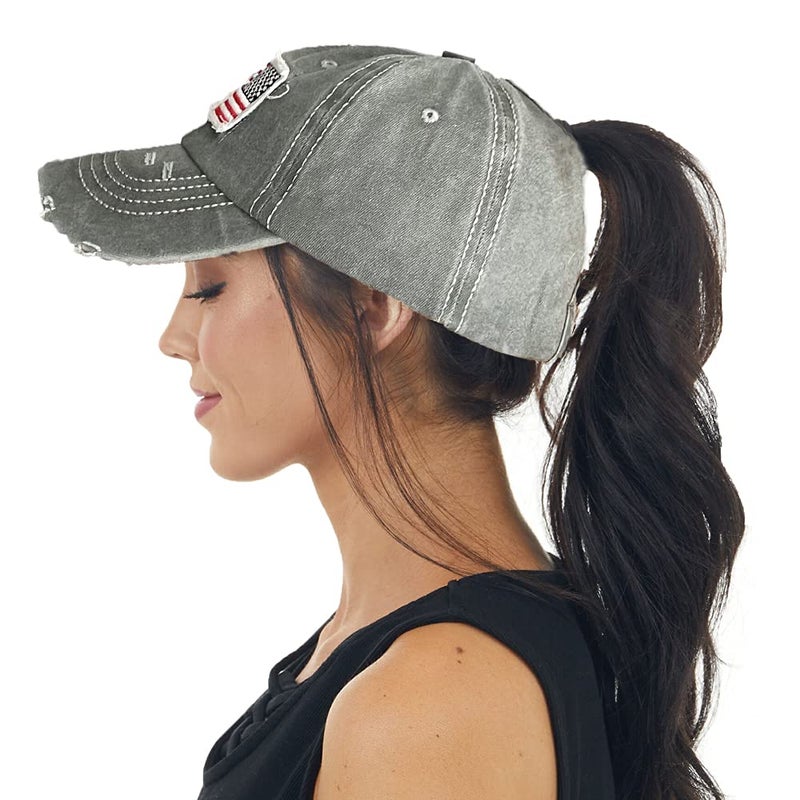 Pogah Distressed Ponytail Hat for Women American-Flag Pony Tail Caps High Bun Grey - Image 2